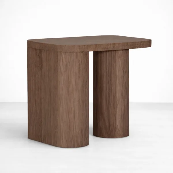 Handcrafted teakwood side table with rounded rectangular top and cylindrical base by INTERIORZE