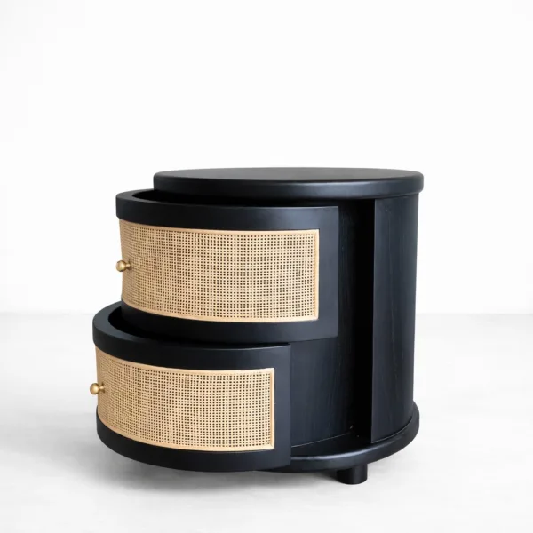 Teakwood cane bedside table with round shape and 2 drawers by INTERIORZE