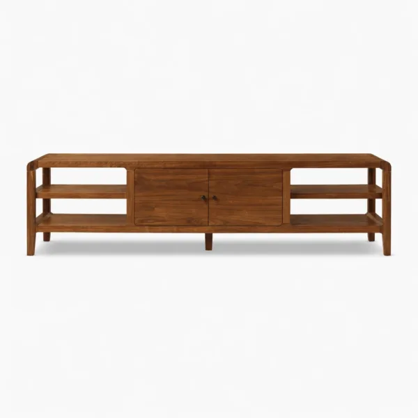 Front view of the Open Frame teak wood media console with open shelves and double-door cabinet