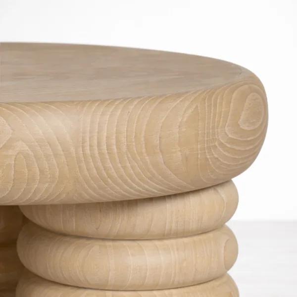 Stacked Ring ash wood side table by INTERIORZE with round top and sculptural stacked ring legs