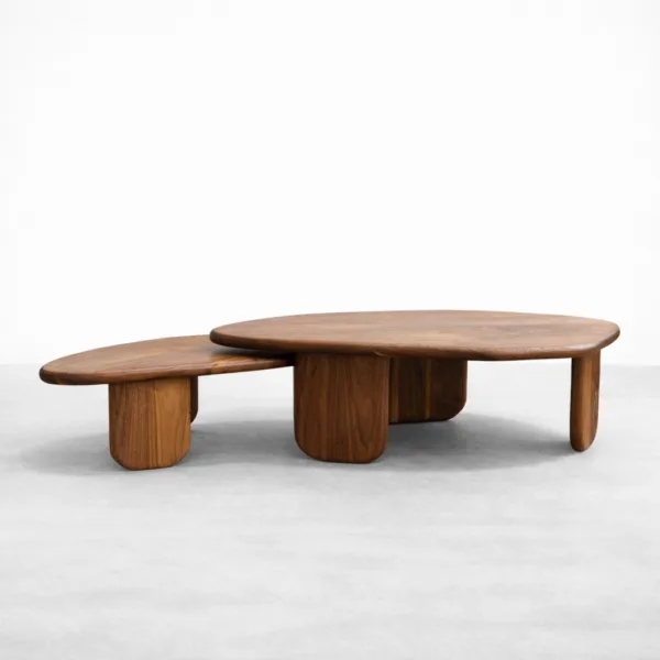 INTERIORZE teakwood nested center table set with organic tops and rounded legs in warm walnut finish