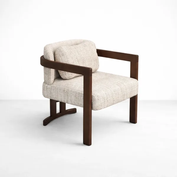 INTERIORZE Elara teakwood upholstered arm chair with beige textured fabric and dark walnut wooden frame