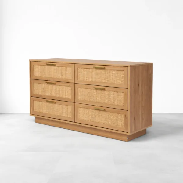 angled view of INTERIORZE cane front teak wood chest of drawers with six drawers