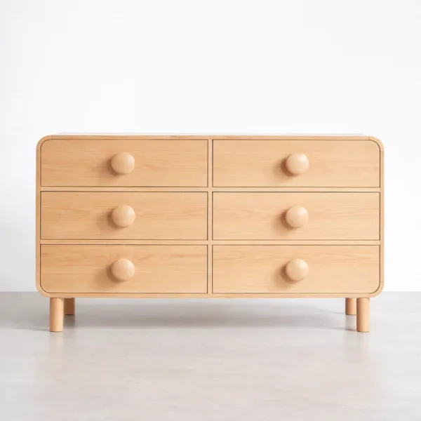 front view of modern ash wood chest of drawers with 6 drawers