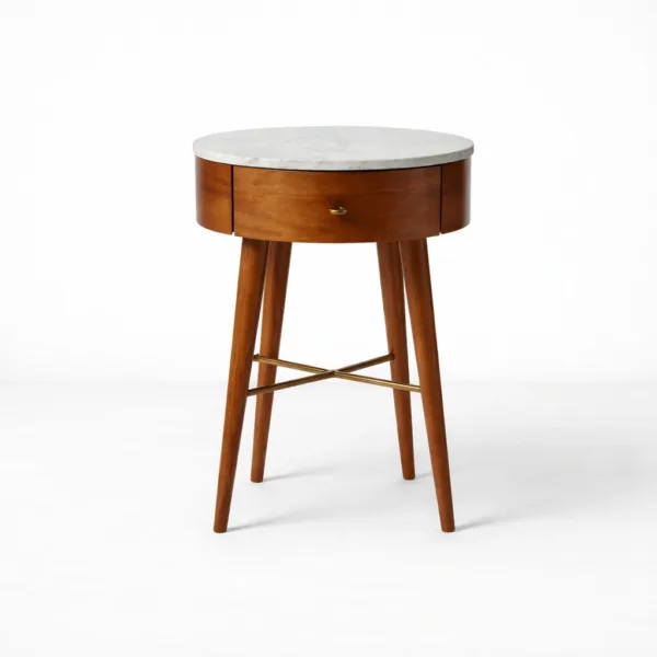 INTERIORZE round teakwood marble top bedside table angled view