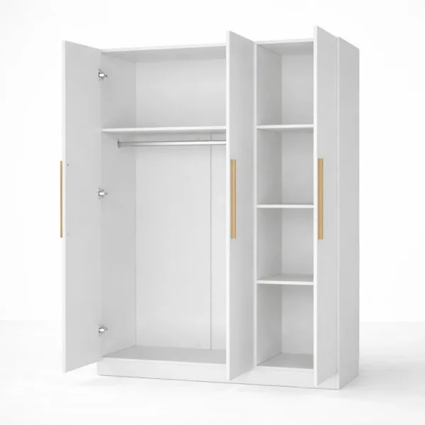 White 3 door wardrobe by INTERIORZE in teak wood frame