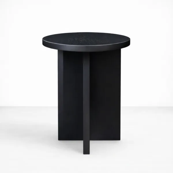 Handcrafted black teakwood side table with round top and geometric base by INTERIORZE