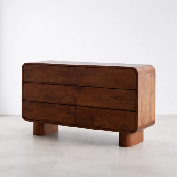 close-up of INTERIORZE Caldera Curve teak wood chest of drawers showing open top drawer