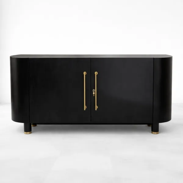 INTERIORZE Noir Curve Teak Wood Sideboard in deep black finish with brass handles