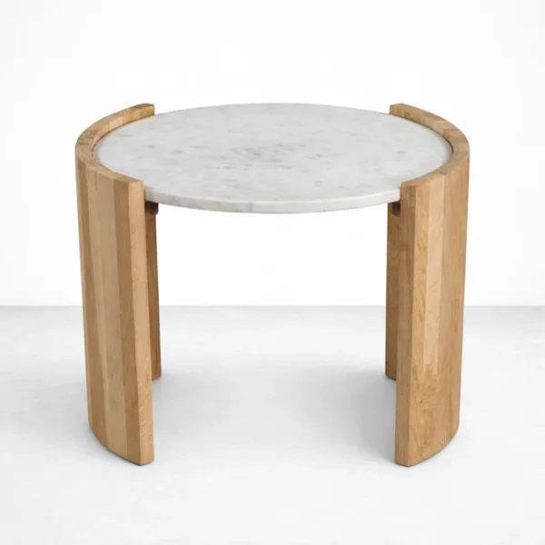 Handcrafted teakwood side table with round marble top by INTERIORZE