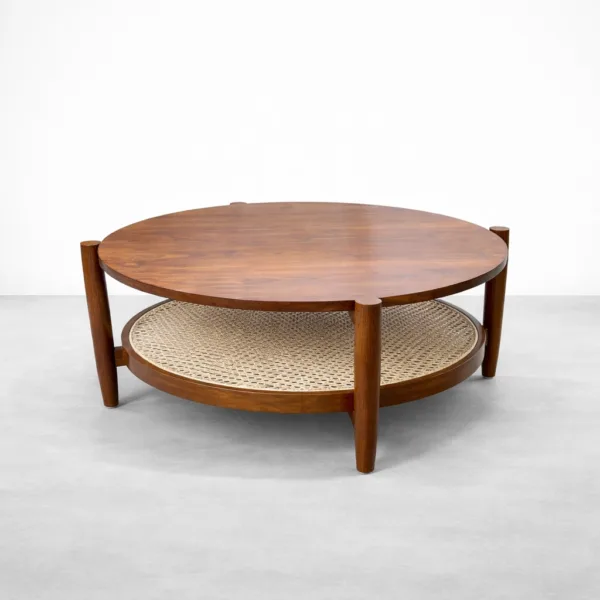 dual tier cane teak wood centre table