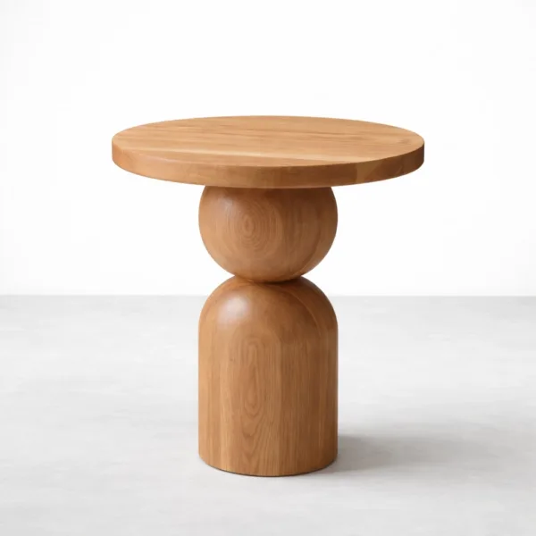 Orb Column ash wood side table by INTERIORZE with round top, sculptural orb detail, and cylindrical base