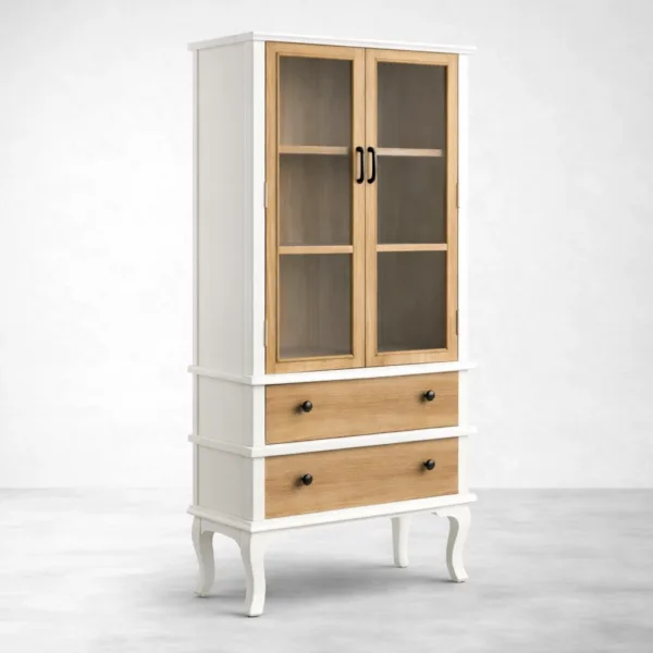 White and Ash Wood Glass Door Showcase Cabinet
