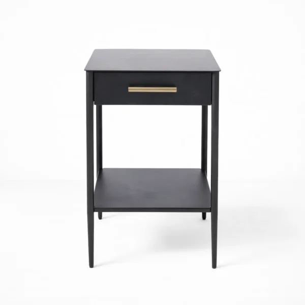 angled view of black teakwood bedside table with drawer