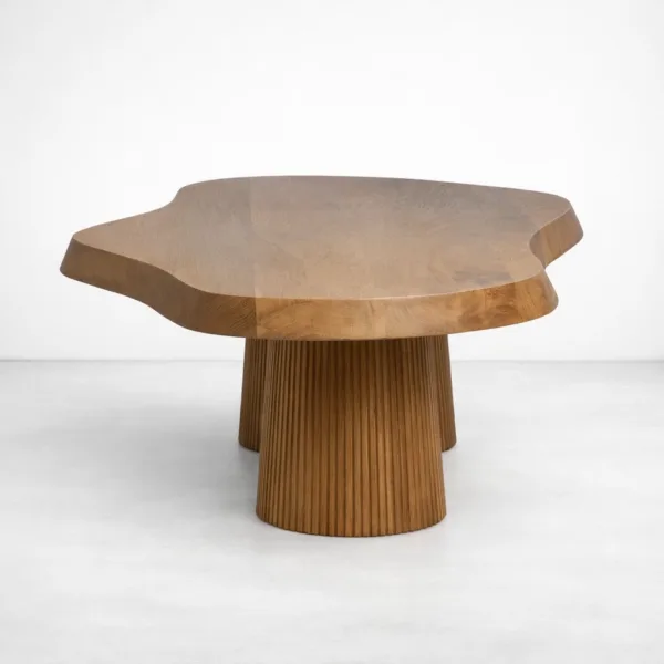INTERIORZE Arawa sculpted teakwood centre table with organic top and fluted pedestal base