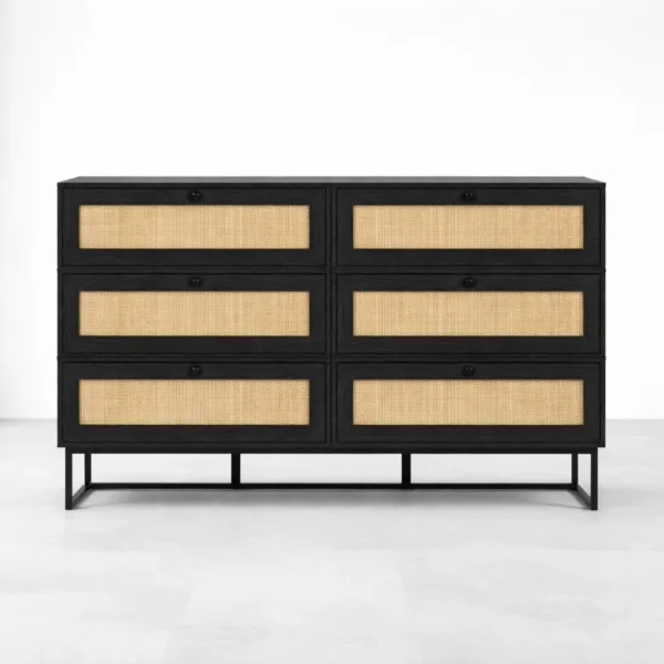 front view of black teak wood cane chest of drawers with natural cane panels