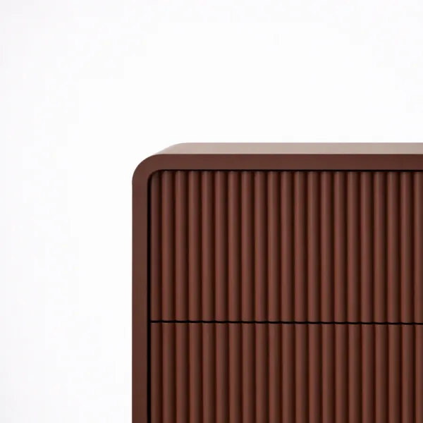 close-up of pull-out drawer and fluted detailing on INTERIORZE teak wood chest of drawers