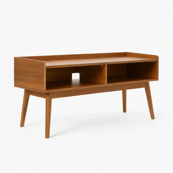 Linear Tray teak wood TV console by INTERIORZE with open storage compartments and tapered legs