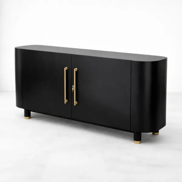 INTERIORZE Noir Curve Teak Wood Sideboard in deep black finish with brass handles