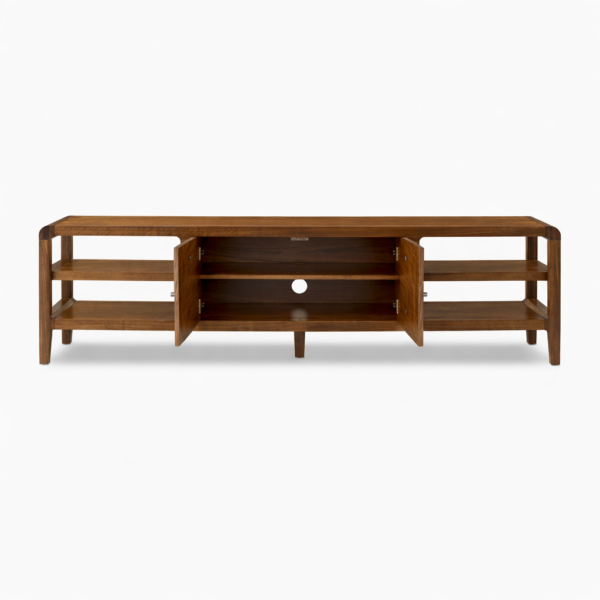 Open view of the Open Frame teak wood media console showing center cabinet shelf and cable access