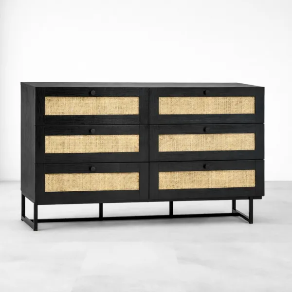 black teak wood cane chest of drawers by INTERIORZE with 6 drawers