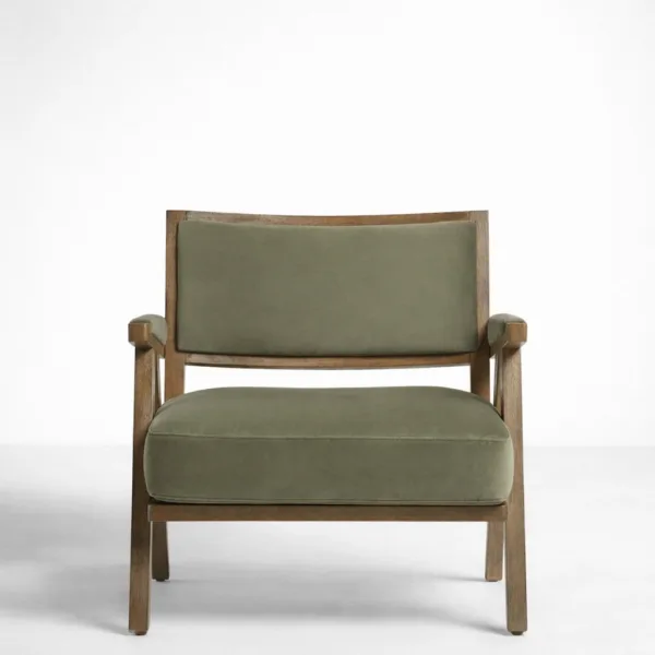 INTERIORZE Avera teakwood upholstered arm chair in olive green fabric with solid wooden frame