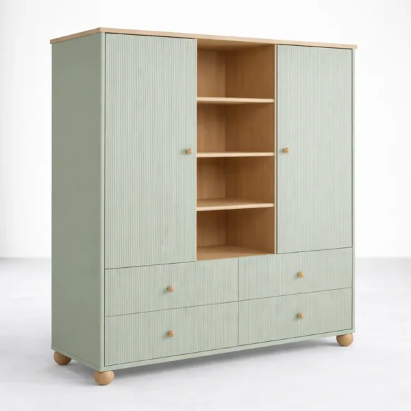 Sage green teak wood wardrobe with drawers by INTERIORZE Sage Green Plywood Wardrobe