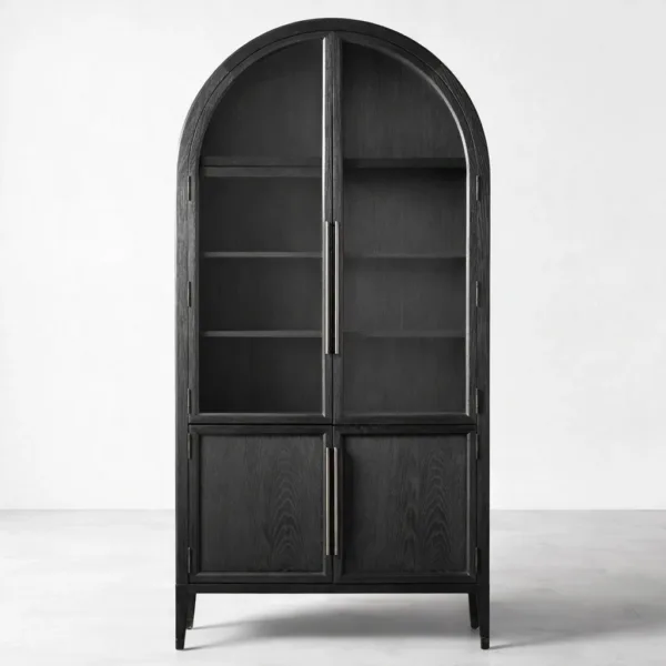 Black Arched Wood Showcase Cabinet with Lower Storage