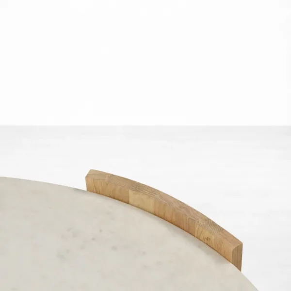 INTERIORZE round marble center table with teakwood sculptural base in white and natural finish