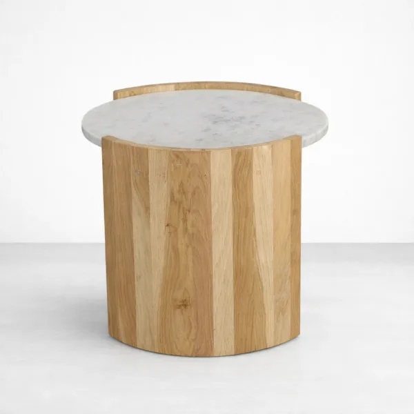 Handcrafted teakwood side table with round marble top by INTERIORZE