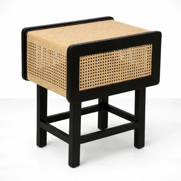 front elevation of teakwood cane bedside table in black finish