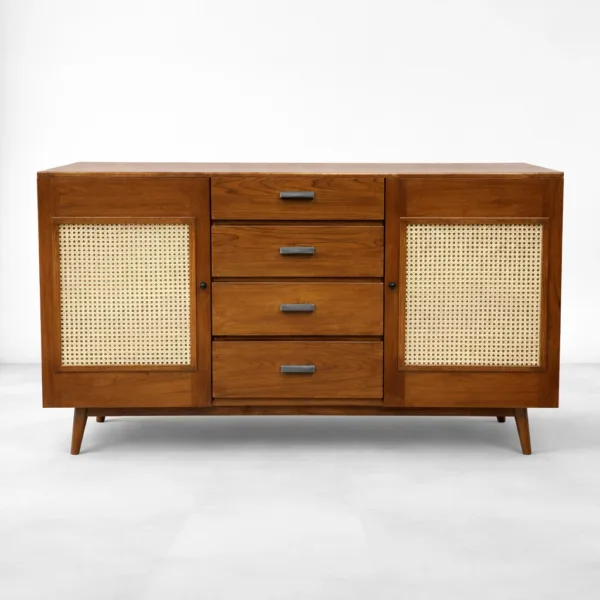 INTERIORZE Vetra Cane Teak Wood Sideboard front view with four drawers and two cane panel doors