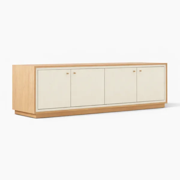Ivory Frame teak wood media console by INTERIORZE with four doors and dual-tone finish