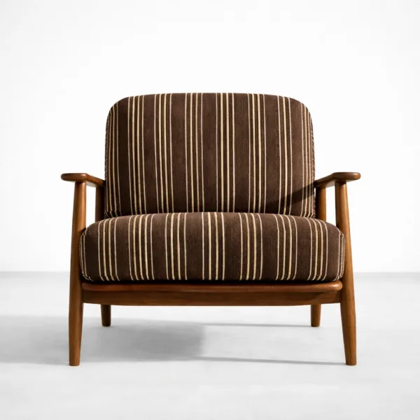 Front view of teakwood arm chair in brown stripe fabric upholstery