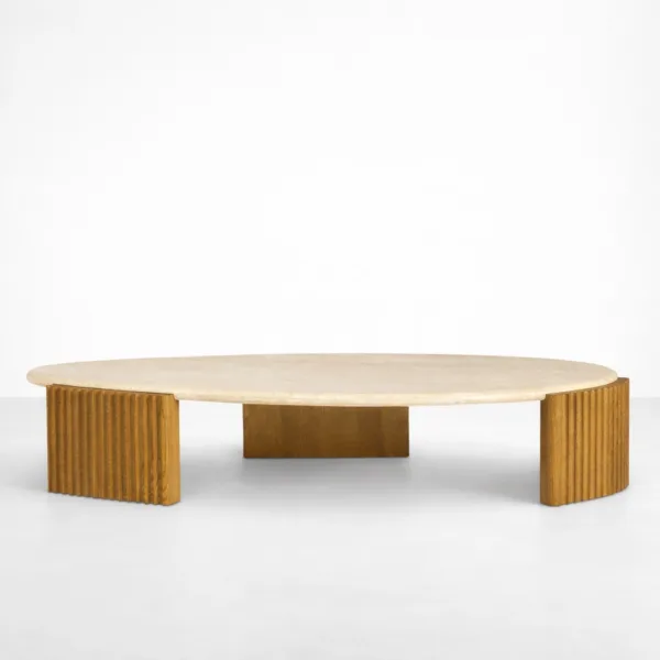 INTERIORZE teakwood marble top oval centre table for modern living room