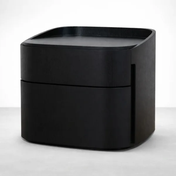 INTERIORZE black teakwood curved bedside table with 2 drawers front view black teakwood bedside table