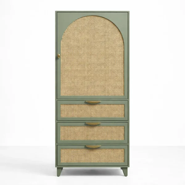 Sage green cane teak wood wardrobe by INTERIORZE