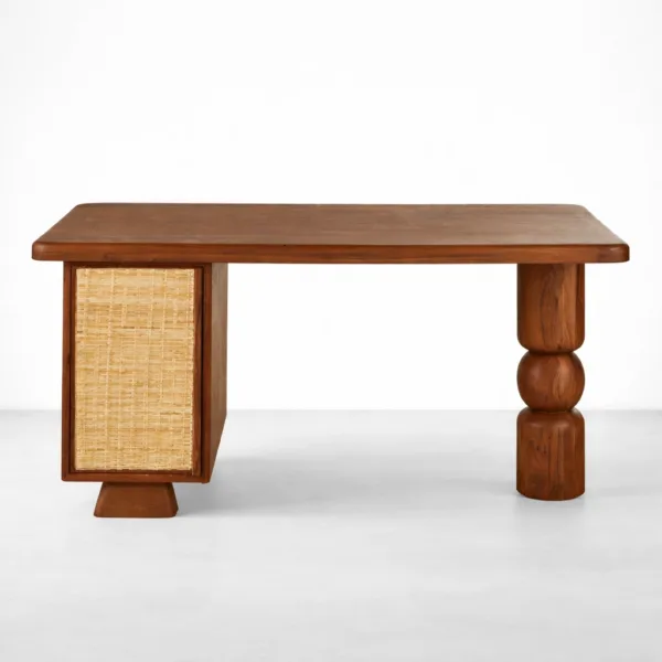Teak wood study table with cane panel and sculptural leg