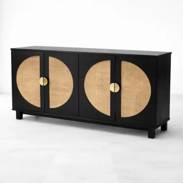 INTERIORZE Eclipse Cane Teak Wood Sideboard in black finish with natural cane doors