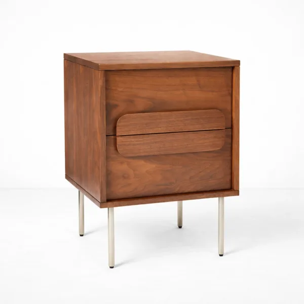 INTERIORZE teakwood bedside table with 2 drawers and metal legs