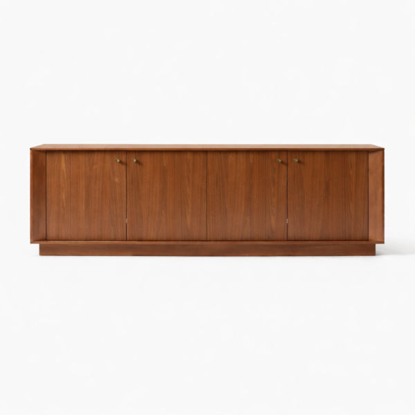 Front view of the Lowline Plinth teak wood media console with four-door panel design