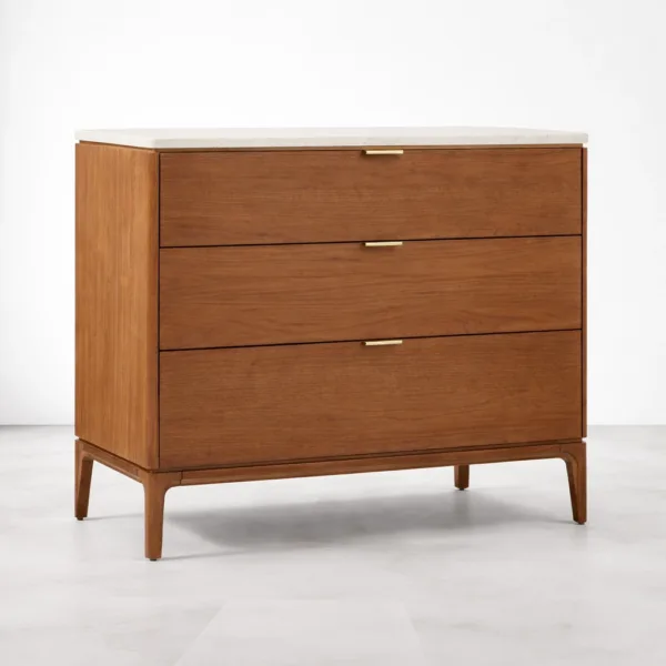 side detail of INTERIORZE teak wood chest of drawers with slim leg frame and warm walnut finish