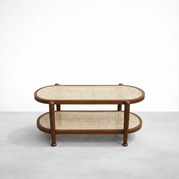 Oval cane shelf teak wood centre table by INTERIORZE with dual cane shelves and wooden legs