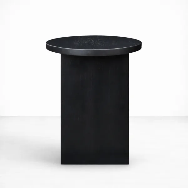 Handcrafted black teakwood side table with round top and geometric base by INTERIORZE