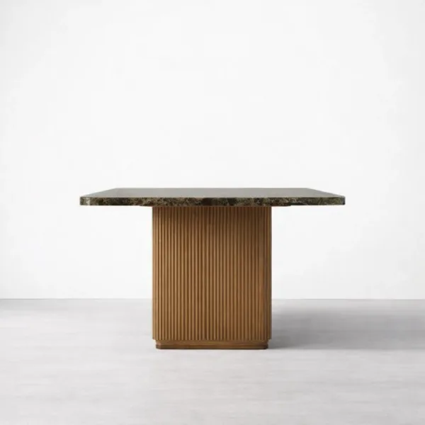 Front angle view of INTERIORZE Verona teakwood marble dining table