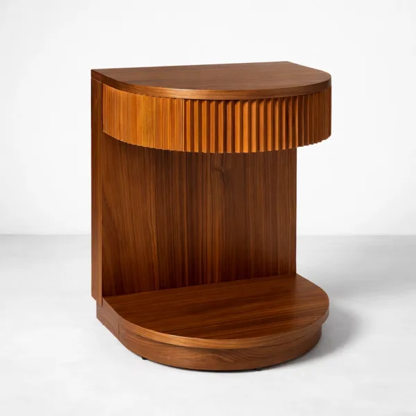 INTERIORZE fluted teakwood bedside table with drawer and open shelf