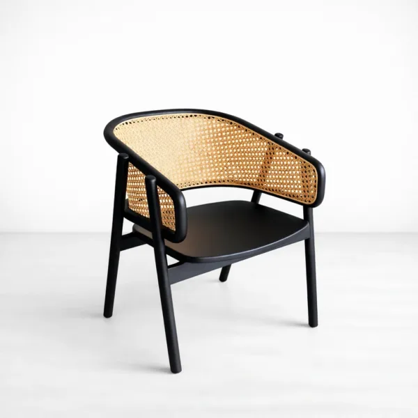 INTERIORZE Nero teakwood cane lounge arm chair with natural cane wrap back and matte black finish