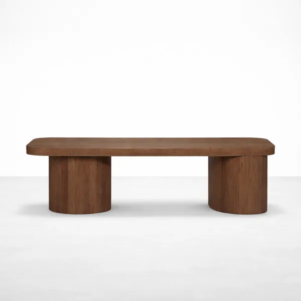 INTERIORZE teakwood center table with rectangular top and rounded pillar base in walnut brown finish