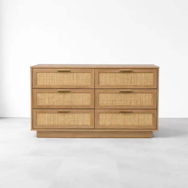 INTERIORZE teak wood chest of drawers with six cane-front drawers and brass handles