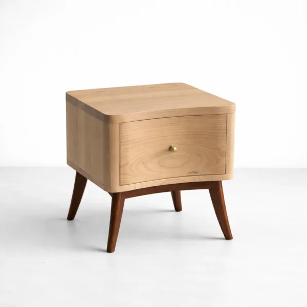 Ashwood bedside table with teakwood legs and single drawer by INTERIORZE